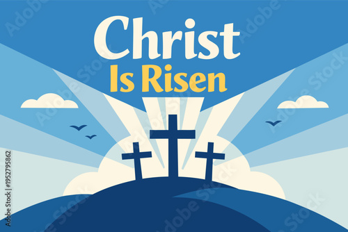 Easter celebration with three crosses on a hill, bright sky, and rays of light