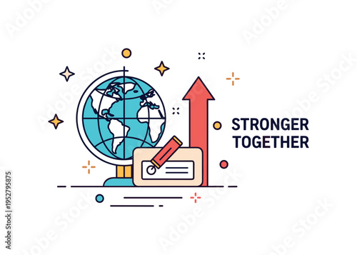 Global democracy support badge illustrated through a small globe paired with a ballot symbol and upward arrow. A subtle ?Stronger Together? text accent
