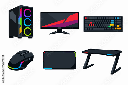 Gaming PC setup components set with colored lighting for esports enjoyment