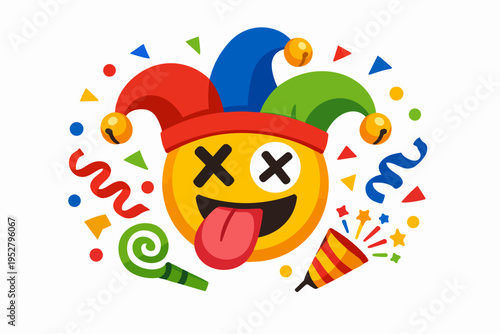 Emoji wearing jester hat celebrating April Fools' Day with confetti and party popper
