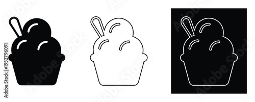 Black and white cupcake icons with spoon on top for baking and dessert concepts