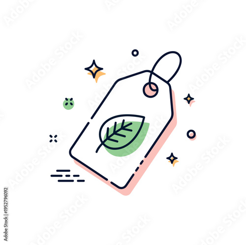 Eco conscious product branding badge featuring a minimal tag icon with a leaf imprint and small star accents, symbolizing premium sustainable identity. The