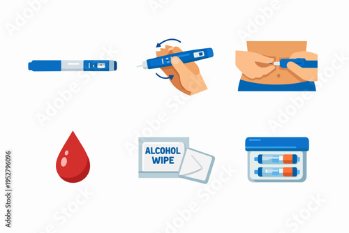 Diabetes insulin injection process icons with blood drop, alcohol wipe, and pen device