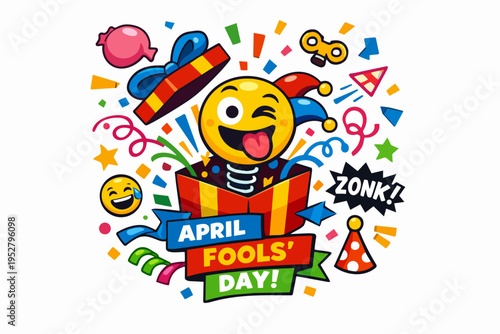 April Fools' Day jack-in-the-box prank with winking emoji and colorful confetti