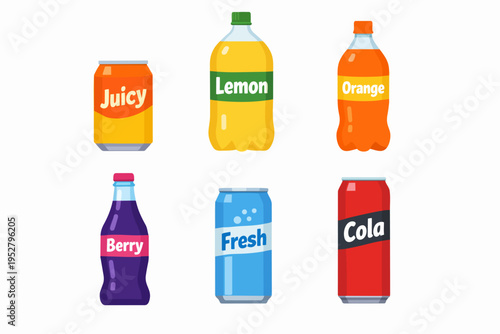 Refreshing soft drink cans and plastic bottles with various fruit flavors and cola