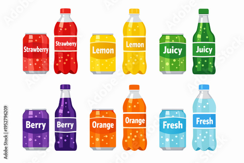 Assortment of refreshing fruity beverages in cans and plastic bottles with bubbles