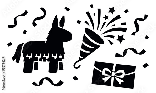 Graphic party set featuring a piñata, a party popper, and a gift for celebrations