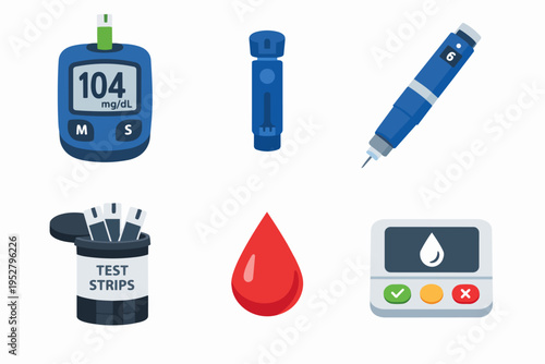 Diabetes management tools flat iconography with glucose meter, insulin pen, and test strips