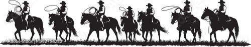 Cowboy silhouette row vector illustration, group of riders on horses with lassos, western wild west landscape scene isolated on white background, rodeo graphic.