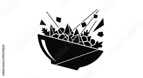 Salad bowl filled with geometric food shapes depicts a stylized healthy meal option for menu design or dietary applications.