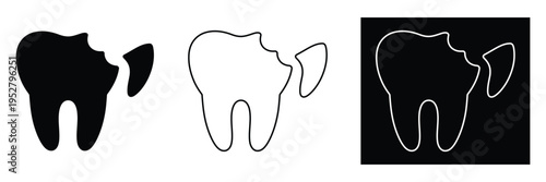 Tooth icons in black, White and outline on dark background dental health symbols