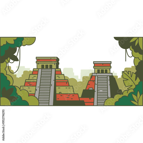 Ancient Mayan Pyramids in Lush Jungle Setting.