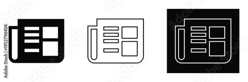 Three different file icons in black and white on a clean background for design use