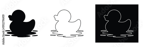 Rubber duck illustrations in black, White, And outlined on water