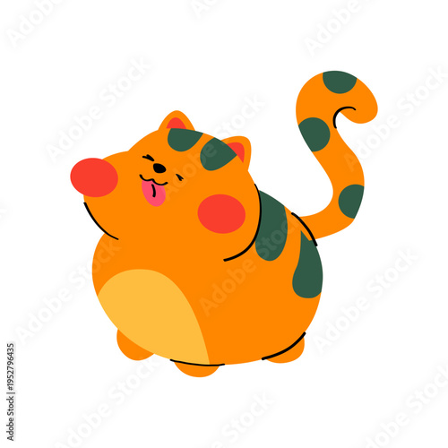 A cute, chubby orange cat with green stripes sticking its tongue out. Hand-drawn illustration.