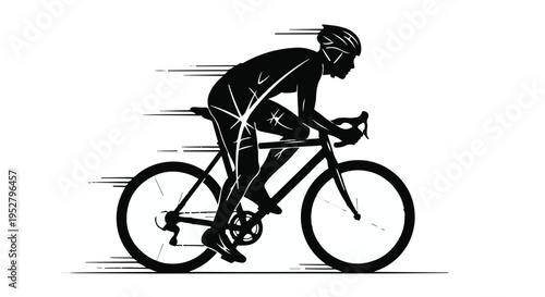 Cyclist rides a road bike at high speed with motion blur lines emphasizing dynamic movement and fitness.