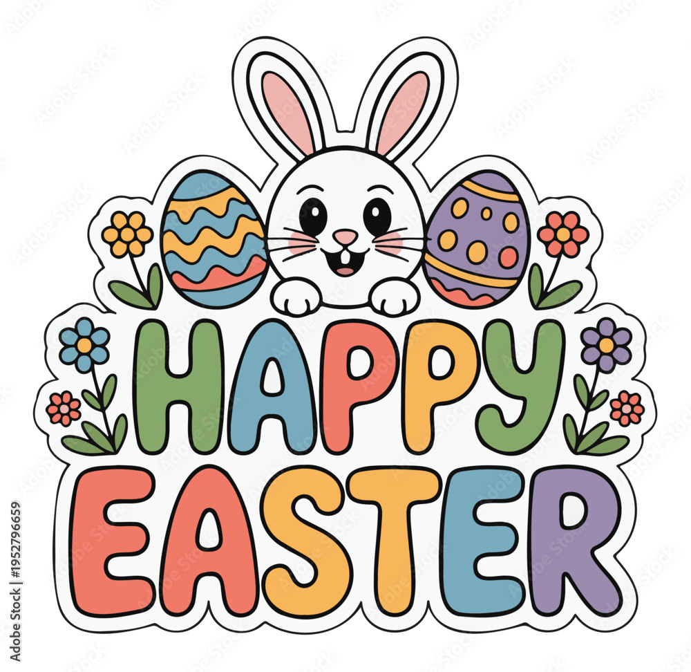Obraz premium Easter Bunny with Colorful Eggs and Flowers Happy Easter Vector on a White Background