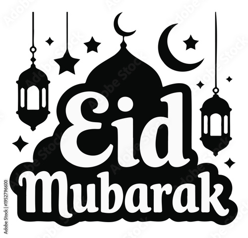 Eid Mubarak Celebration with Mosque Lanterns Moon Stars Vector on a White Background