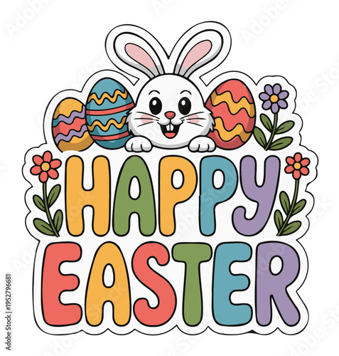 Easter Bunny with Colorful Eggs and Happy Easter Greeting on White Vector on a White Background