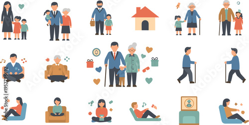 Family Life and Generations Illustration Set with Parents, Children, Seniors, Care, Love and Daily Activities
