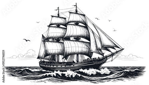 Vintage Sailing Ship Engraving – Detailed Ocean Vessel Vector Illustration