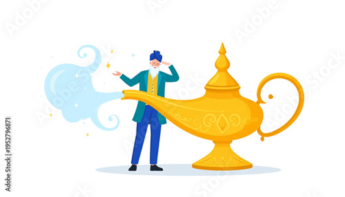 Genie and Magic Lamp Illustration – Classic Arabian Tale Fantasy Vector
