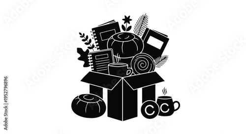 Subscription box contains various lifestyle items including notebooks, a decorative pillow, and a coffee mug.