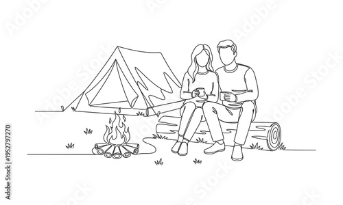 Single one line drawing couple hikers sitting on log of wood near campfire in forest. Campfire near camp tent camping nature mountains