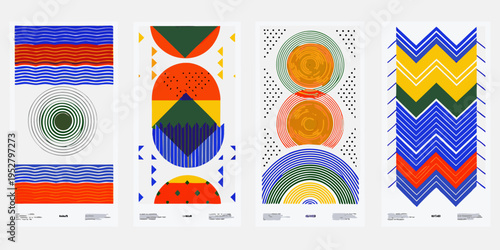 Four abstract geometric designs with vibrant colors and repeating patterns