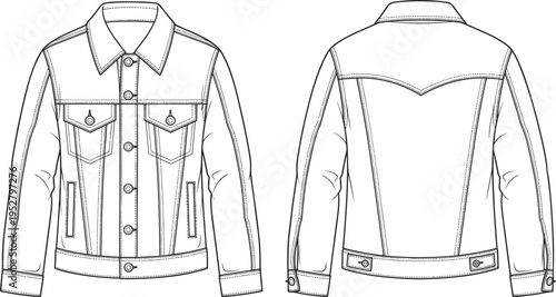 Denim jacket technical sketch, front and back view of a classic jean trucker jacket, apparel fashion flat template, vector illustration for tech pack.