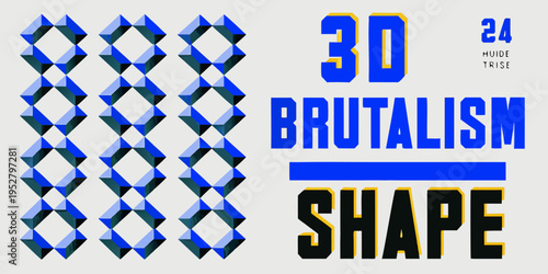 Abstract geometric design featuring 3d text and brutalist shapes