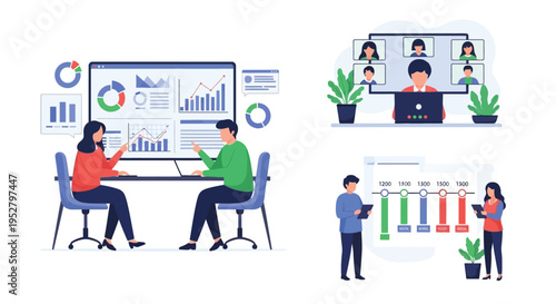 Business meeting and online collaboration illustration.