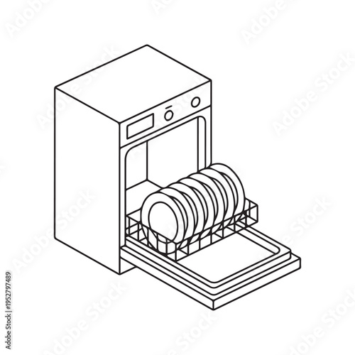 Minimalist Line Art Drawing of a Dishwasher Loaded with Plates