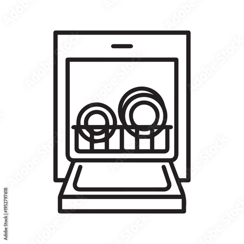 Minimalist Line Art Drawing of a Dishwasher Loaded with Plates
