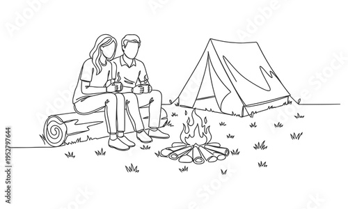 Single one line drawing couple hikers sitting on log of wood near campfire in forest. Campfire near camp tent camping nature mountains