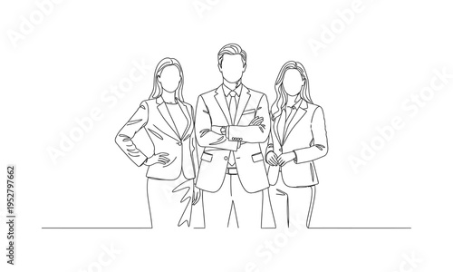 Women and men standing at concert, meeting group of three people rejoice and cheer continuous one line vector drawing