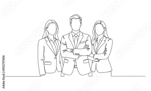Women and men standing at concert, meeting group of three people rejoice and cheer continuous one line vector drawing