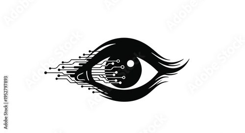 Eye silhouette integrated with digital circuit patterns symbolizes modern surveillance and artificial intelligence.