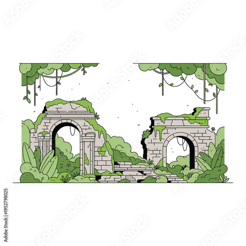 Ancient Stone Archway Ruins Overgrown with Lush Greenery.