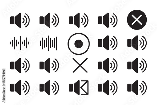 Collection of speaker and sound icons, including mute, volume levels, and sound waves, clean vector graphics