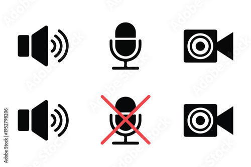 Icons representing audio volume, microphone status, and video camera availability for communication and media interfaces.