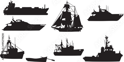 Ship and marine boat black silhouette set