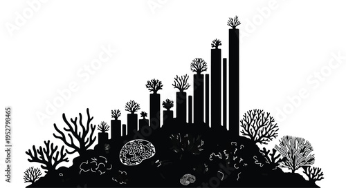 Corals growing on a reef create a bar chart visualization of natural marine biodiversity progress.