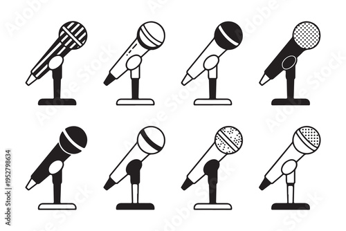 Set of diverse microphones on stands in black and white icons, representing sound recording and performance