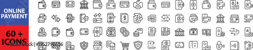 Online payment set of web icons in line style. Payment linear icon collection. Containing cashless wallet, e-wallet, money transfer, banking, credit card, cash, transaction more. Outline icon