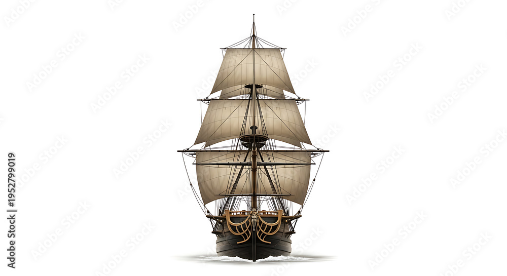 Naklejka premium Detailed rendering of a three masted sailing ship viewed head on on transparent background