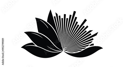 Lotus flower stylized with sharp geometric petals and radiating light beams creates a modern minimalist aesthetic.