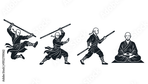 Shaolin style warrior monk with staff illustration set