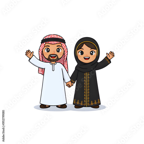 Cartoon vector illustration of a smiling Arab men and women wearing traditional clothing.