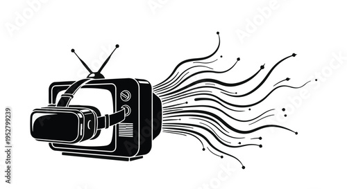 Television set from the past is connected to a modern virtual reality headset which emits a stream of flowing digital data lines.